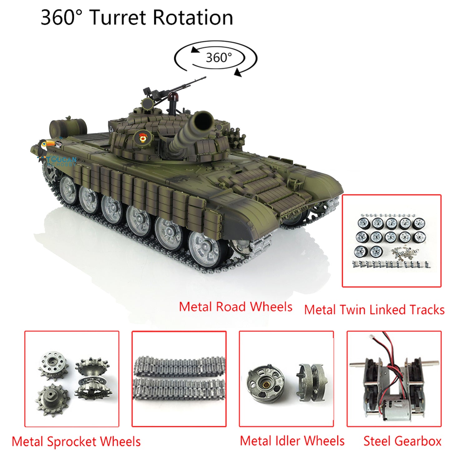 Henglong 1/16 TK7.0 Russian T72 RTR RC Tank 3939 with BB IR 360 Degrees Turret Smoke Metal Tracks Gearbox Sprockets Idlers Road Wheels