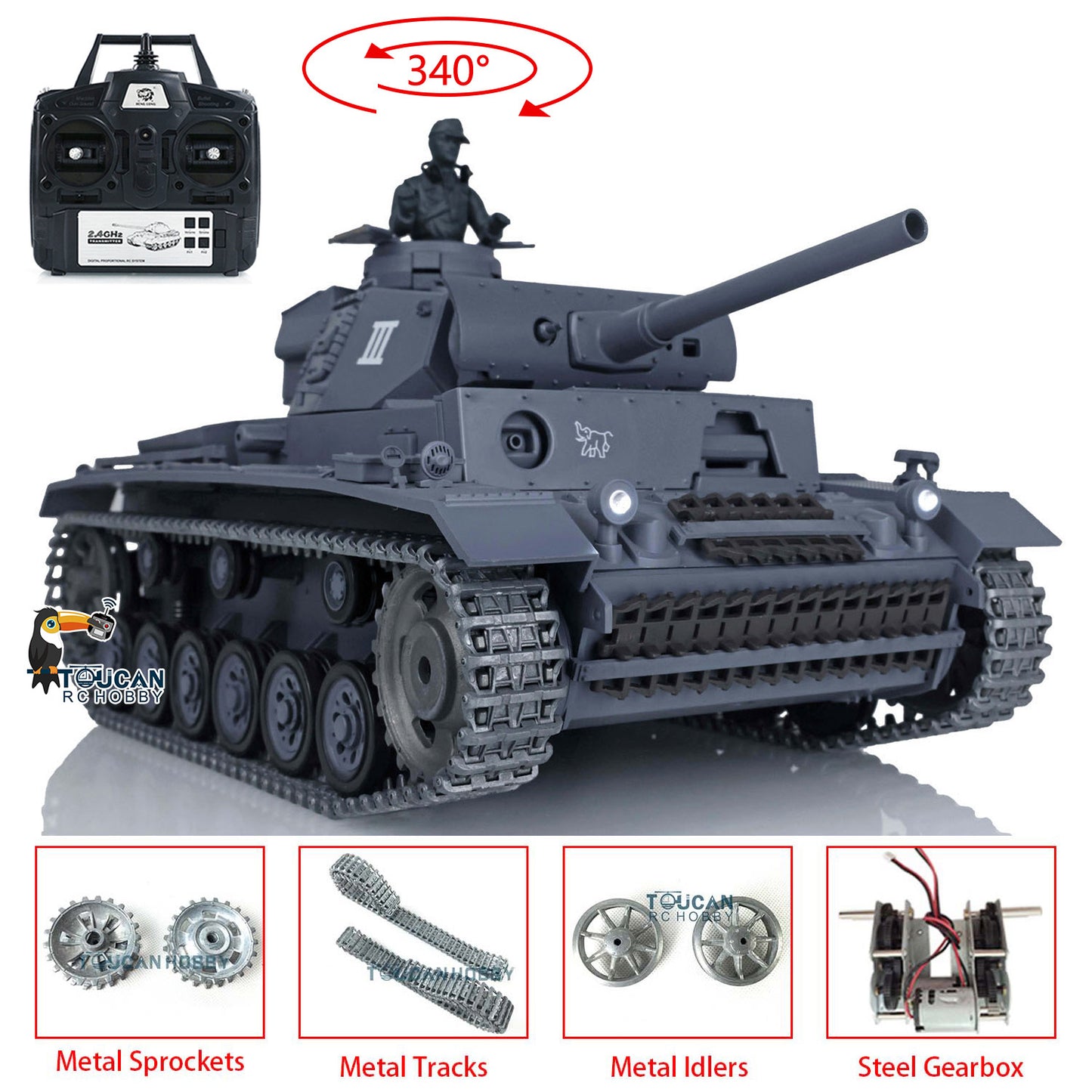 US Stock Henglong 1/16 7.0 Upgraded 3848 German Panzer III L RTR RC Tank BB Infrared Combat Smoke Sound Light Metal Gearbox Tracks Military Vehicle