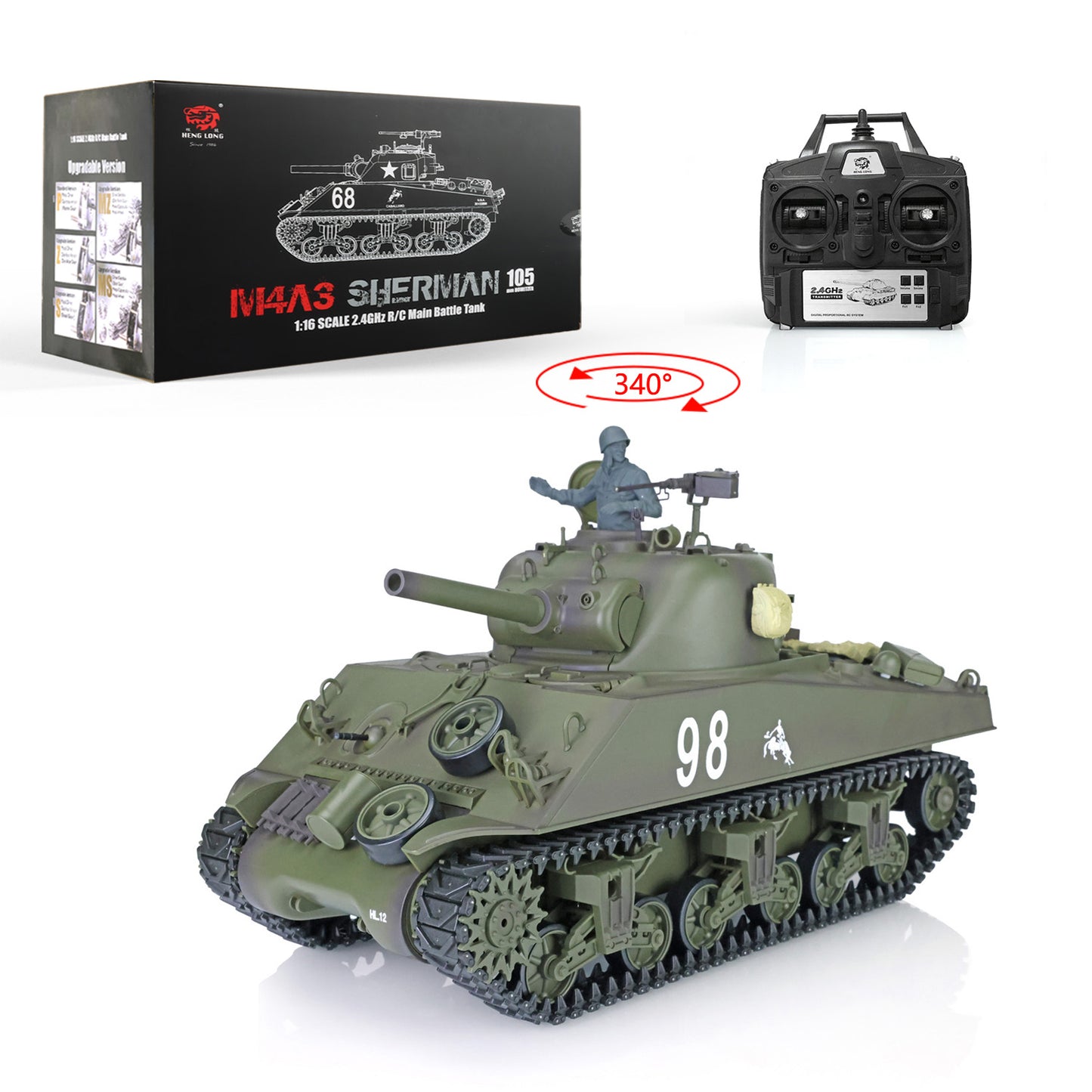 US Stock 2.4Ghz Henglong 1/16 Scale 7.0 Plastic Version M4A3 Sherman 3898 RTR RC Tank Model BB IR Smoke 340 Degree Turret Metal Barrel