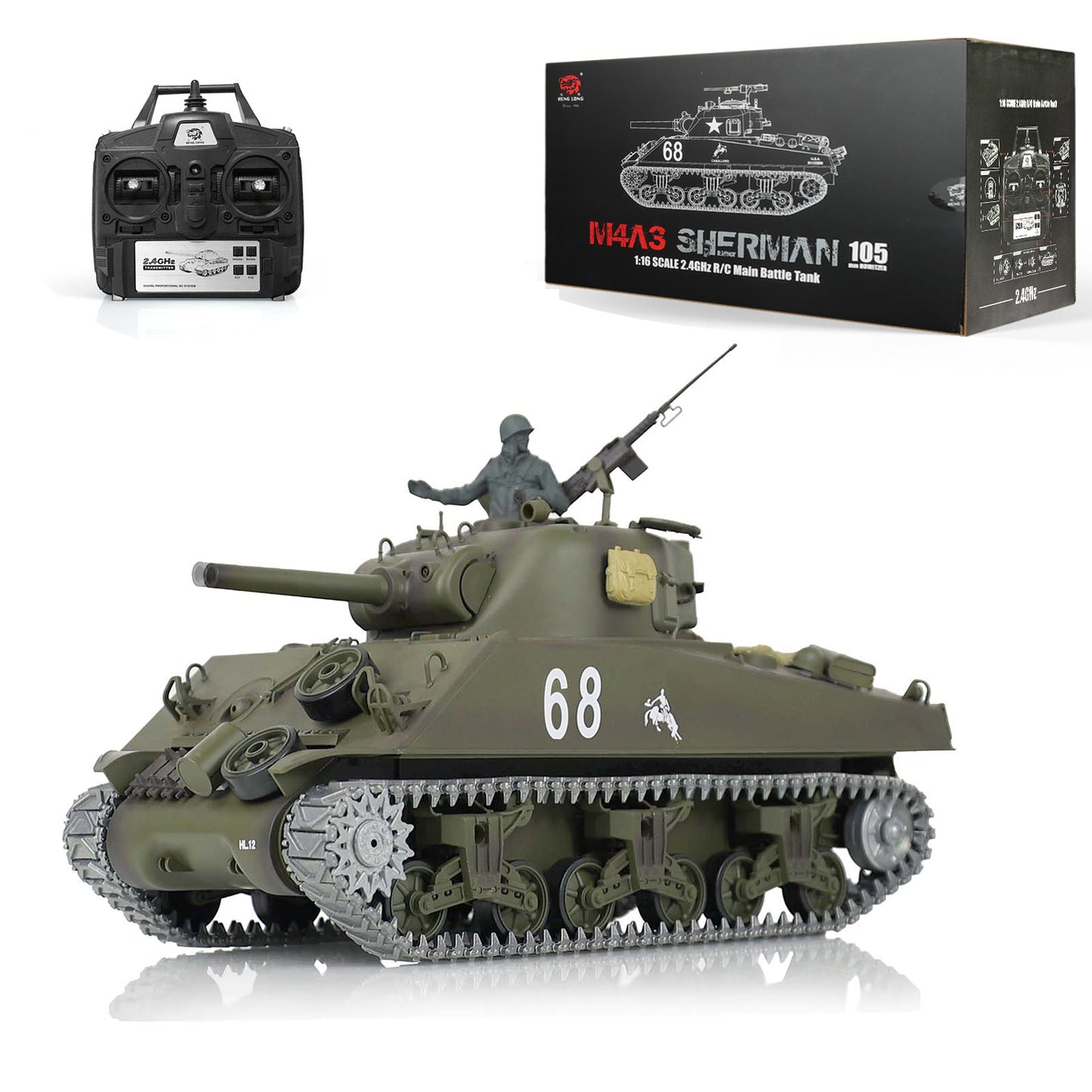 Henglong 1/16 7.0 M4A3 Sherman 3898 RTR RC Tank FPV Barrel Recoil 360 Degree Turret BB IR Smoke Metal Tracks Drive Idler Wheels
