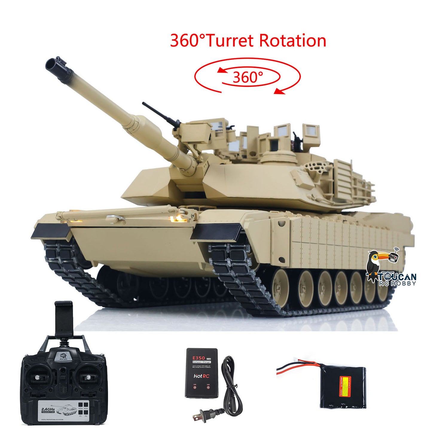 TOUCAN 1/16 Metal RC Tank M1A2 Abrams IR Dual Current Driving Gearbox Barrel Recoil Elevation 360 Turret Rotation Smoke RTR Electric Periscope