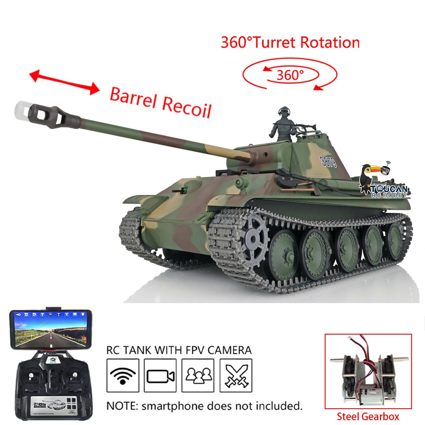 Henglong 1/16 7.0 Upgraded German Panther G RTR RC Tank 3879 360 Degree Turret Metal Tracks Sprocket Wheels BB Infrared Combating System Smoke Sound Option FPV