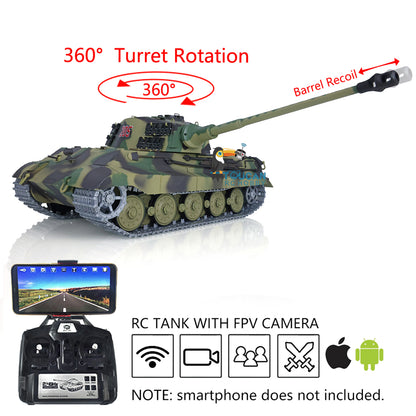 1/16 7.0 Henglong Upgraded Barrel Recoil King Tiger RC Tank 3888A 360 Degree Turret Barrel Recoil Metal Tracks Sprocket Wheels Infrared Combating System