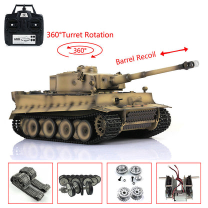 Henglong 1/16 7.0 Tiger I 3818 RTR RC Tank Barrel Recoil 360 Degree Turret BB IR Smoke Sounds Lights Metal Tracks Drive Road Idler Wheels