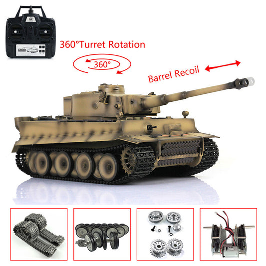 Henglong 1/16 7.0 Tiger I 3818 RTR RC Tank Barrel Recoil 360 Degree Turret BB IR Smoke Sounds Lights Metal Tracks Drive Road Idler Wheels