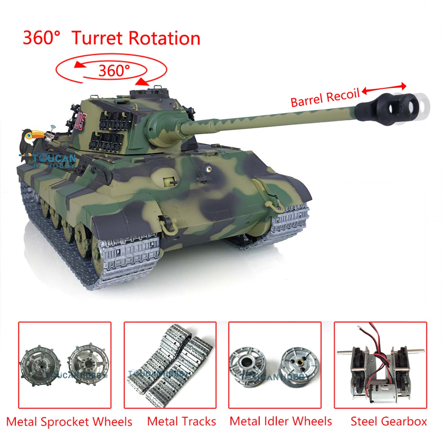 1/16 7.0 Henglong Upgraded Barrel Recoil King Tiger RC Tank 3888A 360 Degree Turret Barrel Recoil Metal Tracks Sprocket Wheels Infrared Combating System
