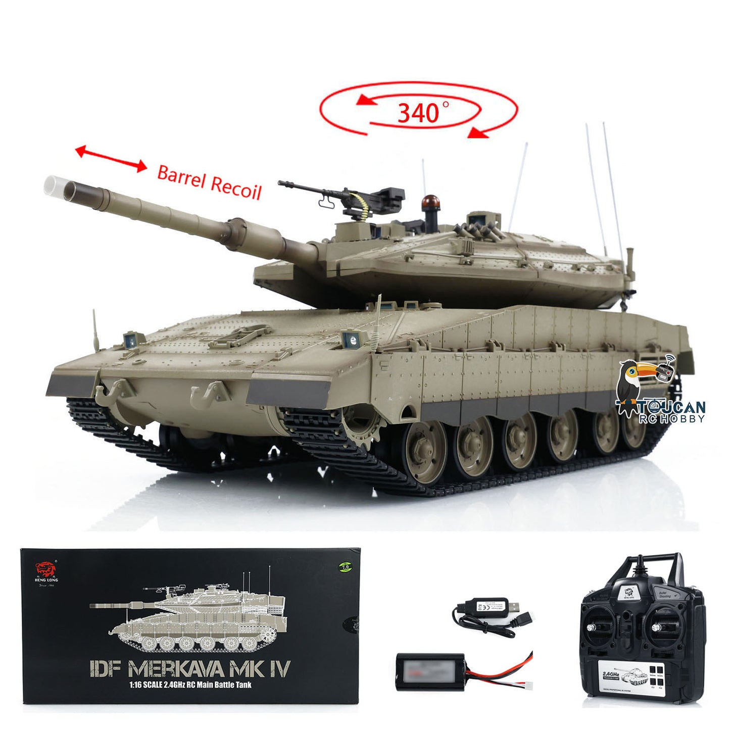 Henglong 1/16 TK7.0 Plastic IDF Merkava MK IV RTR RC Tank 3958 with Barrel Recoil BB Infrared Combat Smoke Metal Suspension Arm