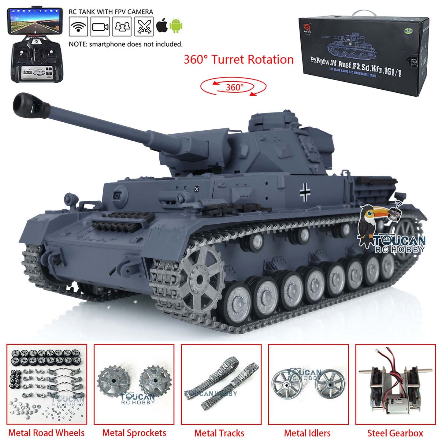 Henglong 1/16 7.0 FPV Customized Panzer IV F2/Panzer IV F RTR RC Tank 3859 Metal Track Driving Wheel 360 Degree Turret Rotation Infrared Combating System