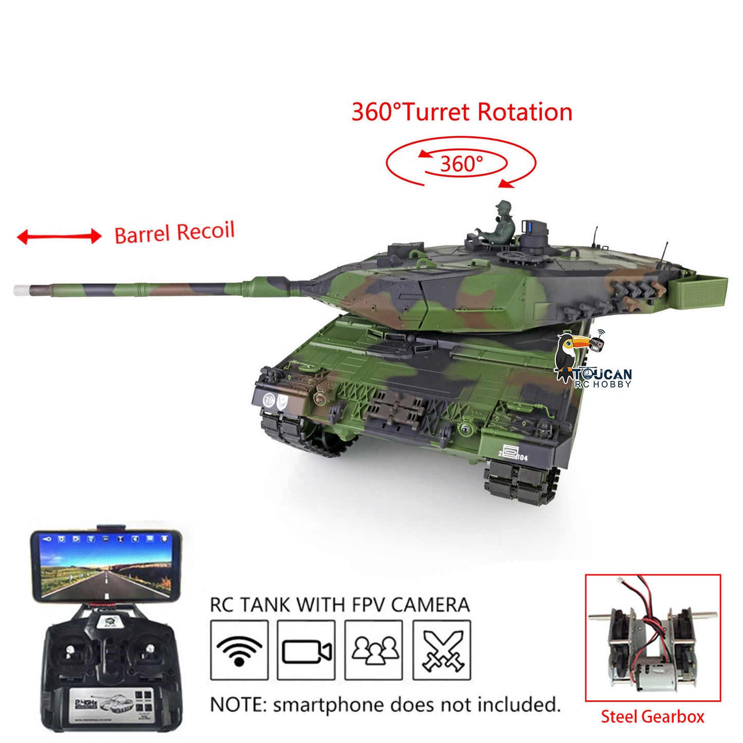 Henglong 1/16 7.0 Plastic RC Tank 3889 Leopard2A6 BB IR Lights Steel Gearbox Barrel Recoil 360 Degree Turret Smoke Radio Battery Option FPV