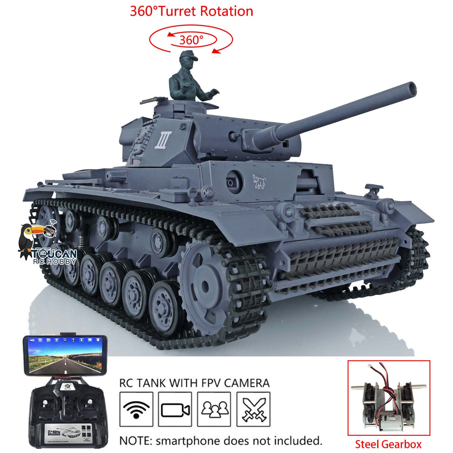 Henglong 1/16 Plastic 7.0 3848 3849 Panzer III H L RC Tank with FPV 360 Degree Turret Infrared System BB Smoke Steel Driving Gearbox Metal Barrel