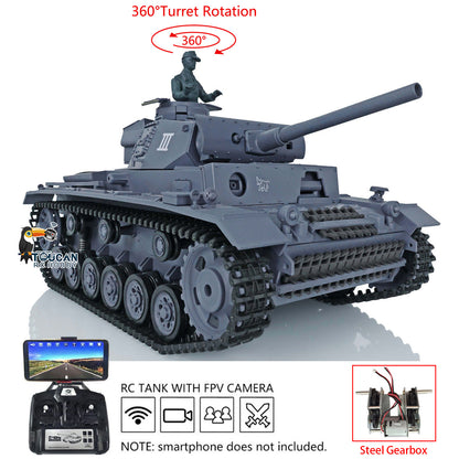 Henglong 1/16 Plastic 7.0 3848 3849 Panzer III H L RC Tank with FPV 360 Degree Turret Infrared System BB Smoke Steel Driving Gearbox Metal Barrel