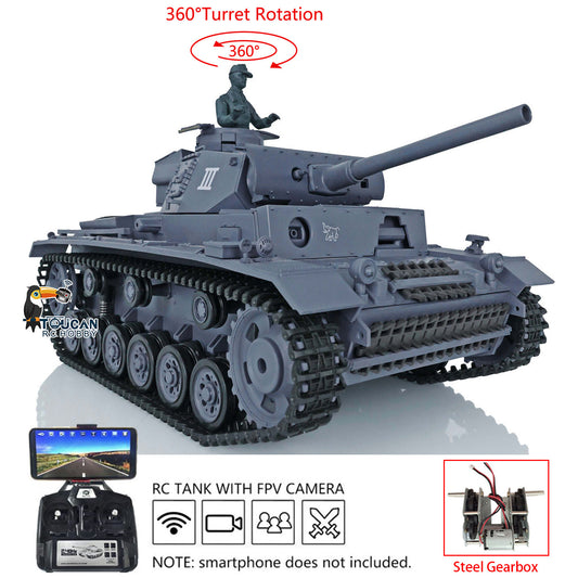 Henglong 1/16 Plastic 7.0 3848 3849 Panzer III H L RC Tank with FPV 360 Degree Turret Infrared System BB Smoke Steel Driving Gearbox Metal Barrel