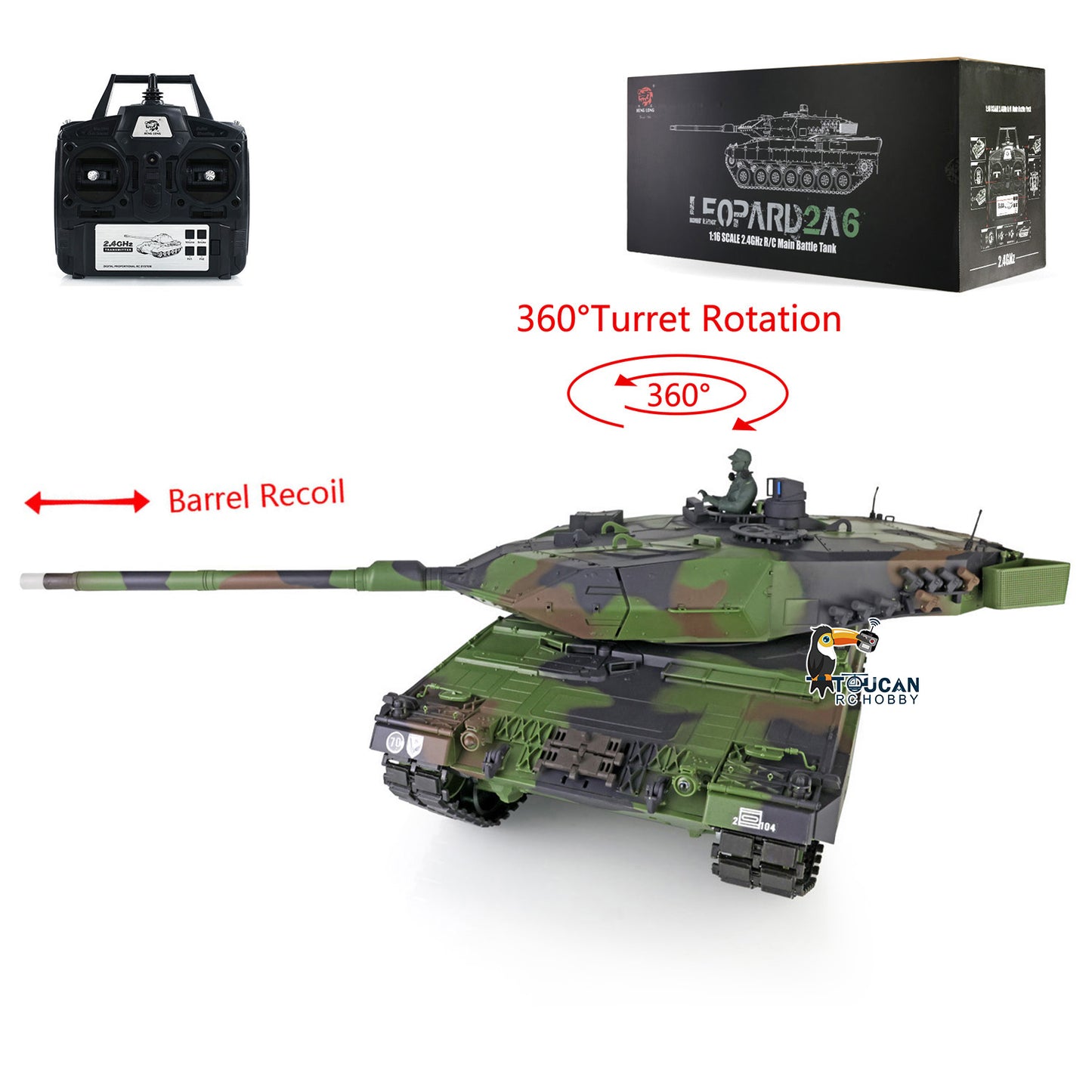 Henglong 1/16 TK7.0 Plastic German Leopard2A6 RTR RC Tank 3889 with 360 Degrees Turret Barrel Recoil BB Infrared Combat Smoke