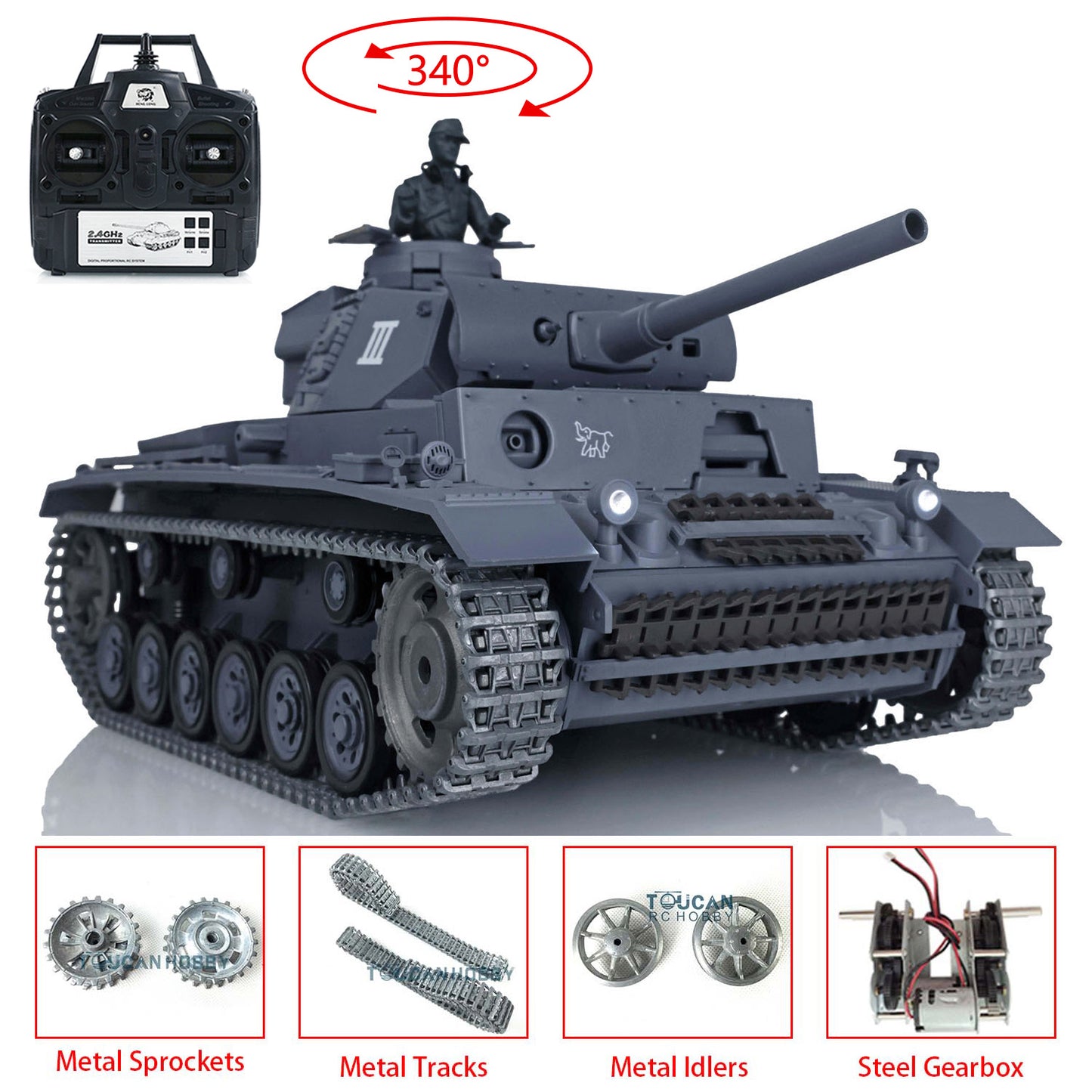 US Stock Henglong 1/16 7.0 Upgraded 3848 German Panzer III L RTR RC Tank BB Infrared Combat BB Smoke Metal Drive Idler Wheels Tracks Gearbox