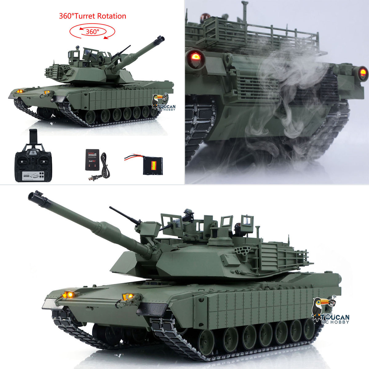 IN Stock TOUCAN 1/16 Metal USA M1A2 Abrams RTR RC Tank 3918 TUSK I FPV Dual Flow Gearbox Barrel Recoil 360 Degrees Turret Electric Periscope Smoke IR