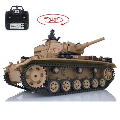 US Warehouse 2.4G Henglong 1/16 7.0 Plastic 3849 German Panzer III H RTR RC Tank Model BB IR Smoke Sounds Lights Metal Barrel