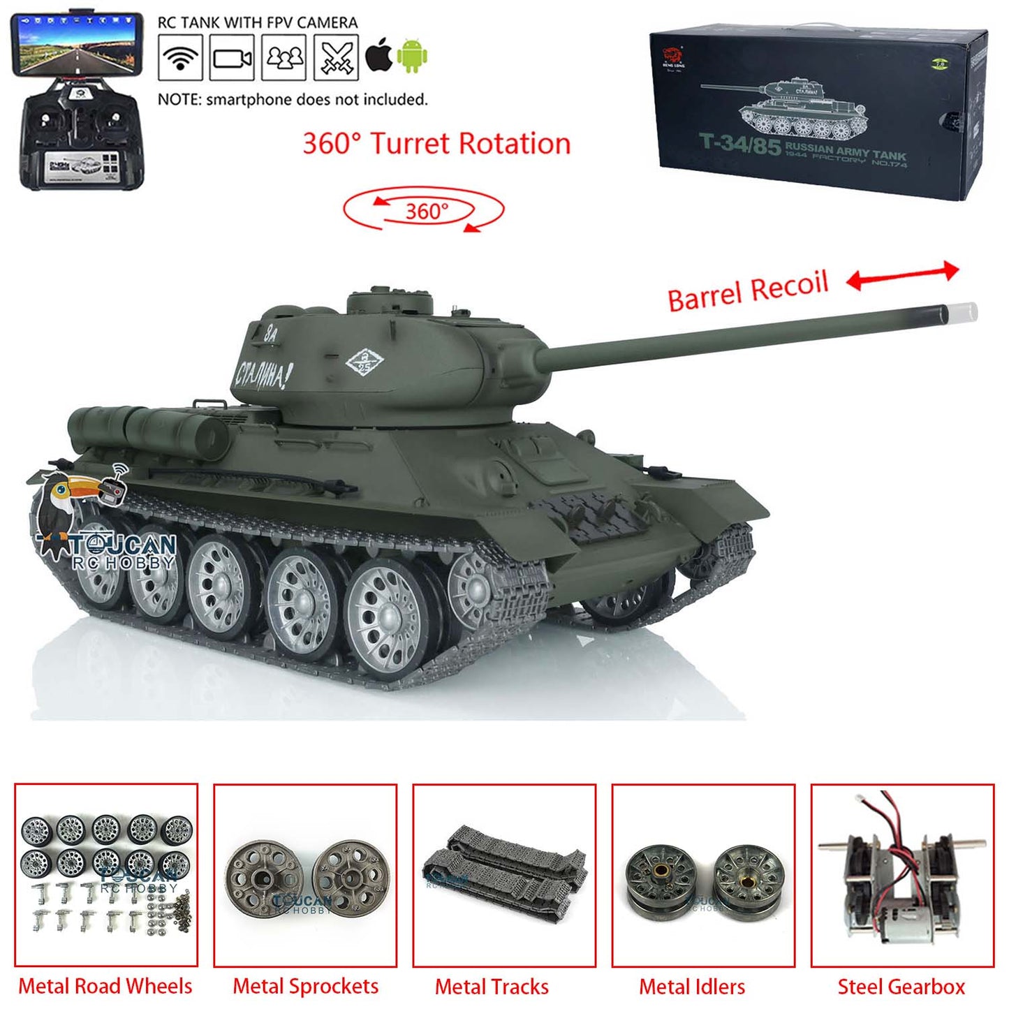 Henglong 1/16 7.0 T34-85 RC Tank 3909 360?? Turret IR BB Metal Track Wheels Radio Control Military Model Barrel Recoil Smoke Gearbox