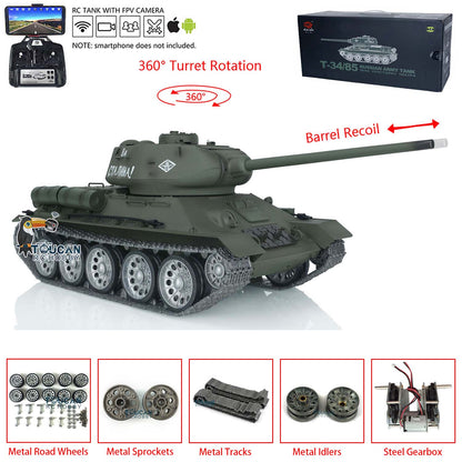 Henglong 1/16 7.0 T34-85 RC Tank 3909 360?? Turret IR BB Metal Track Wheels Radio Control Military Model Barrel Recoil Smoke Gearbox