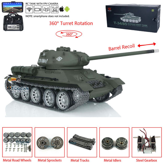 Henglong 1/16 7.0 3909 Soviet T34/85 RC Wheeled Tank With 360 Degree Turret Metal Track Barrel Recoil Infrared Combat System Model