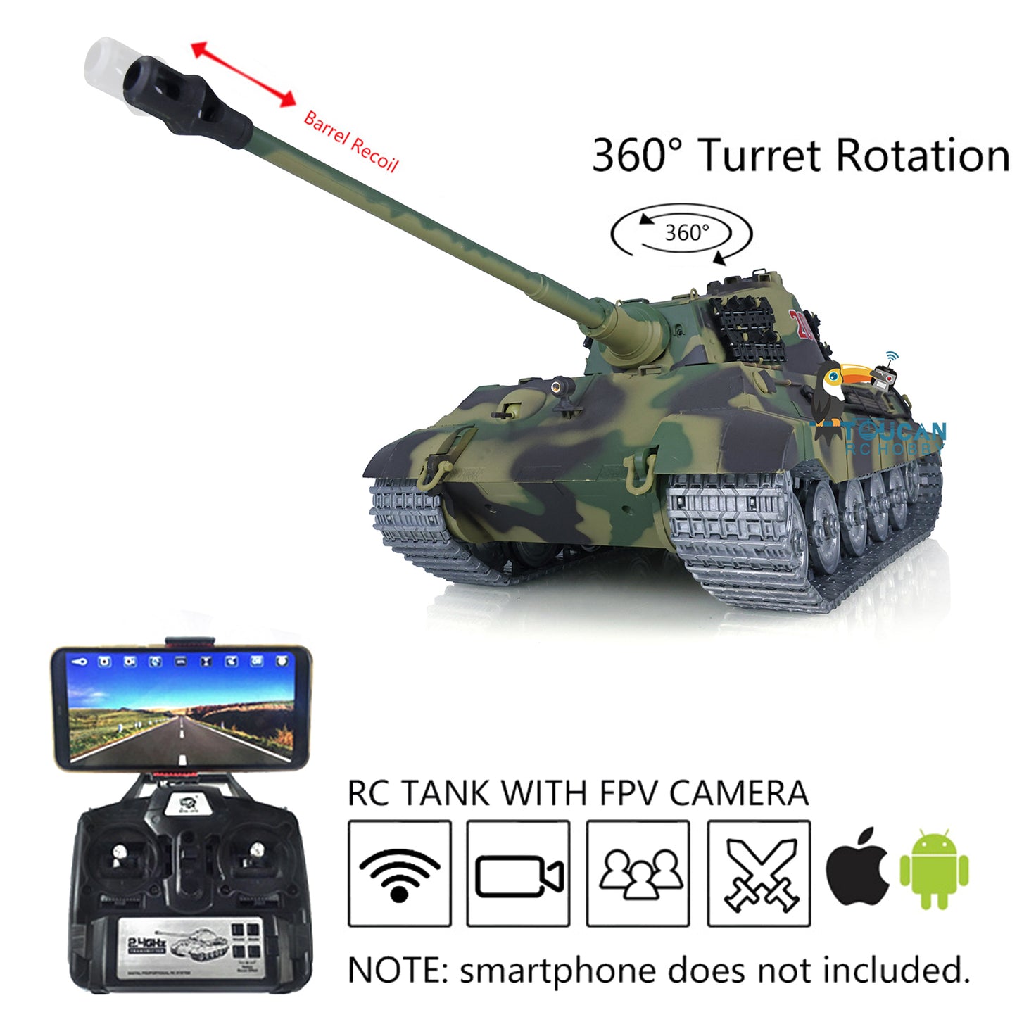 Henglong 1/16 RC Tank 3888A 7.0 Customized King Tiger Assembled FPV Infrared Combat Barrel Recoil Lifting Idle Smoke Metal Road Wheels BB Unit