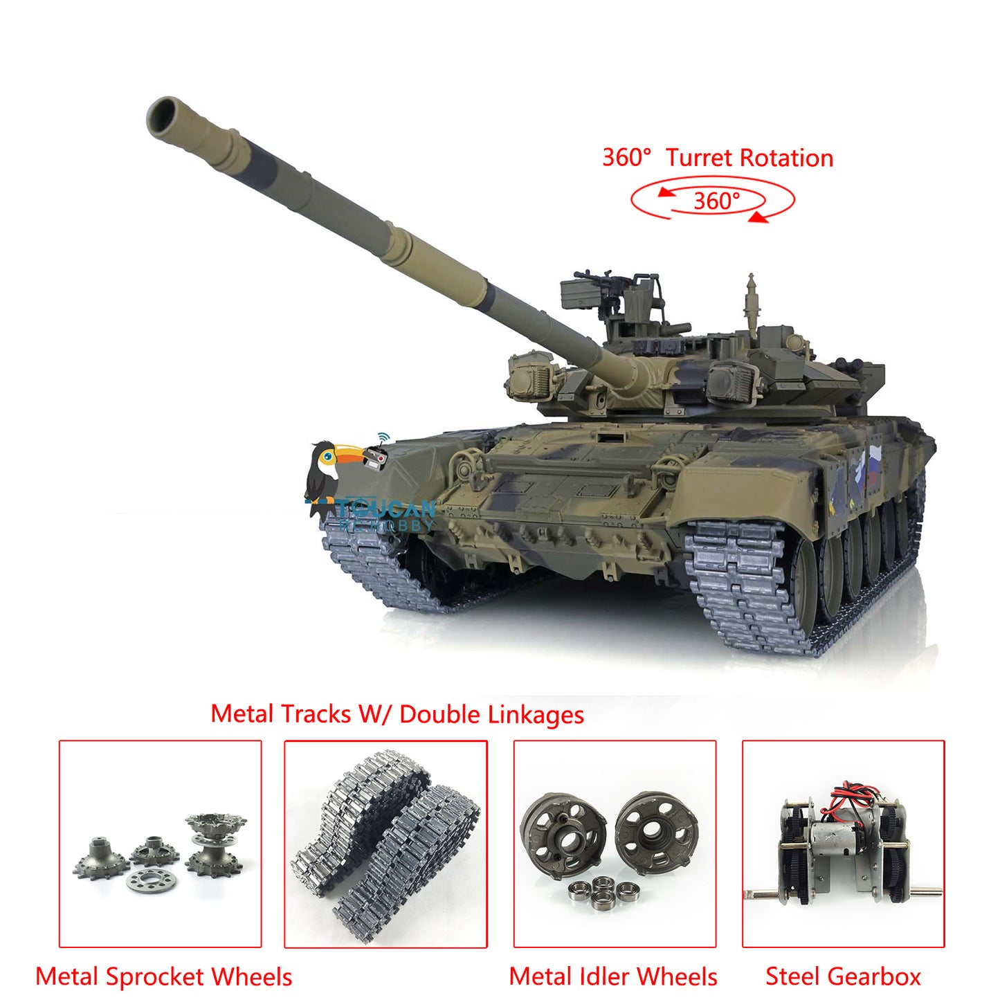 Henglong 1/16 7.0 Upgraded Russia T90 3938 RTR RC Tank Model BB IR 360 Degree Turret Smoke Metal Tracks Gearbox Drive Idler Wheeels