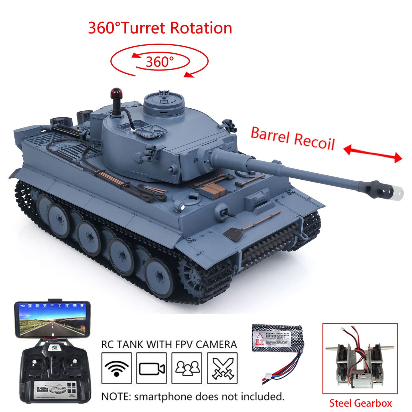 Henglong 1/16 Plastic 7.0 3818 Tiger I RTR RC Tank FPV 360 Degree Turret BB IR Steel Gearbox Metal Barrel Recoil Sound Light