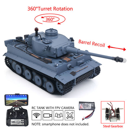 Henglong 1/16 Plastic 7.0 3818 Tiger I RTR RC Tank FPV 360 Degree Turret BB IR Steel Gearbox Metal Barrel Recoil Sound Light