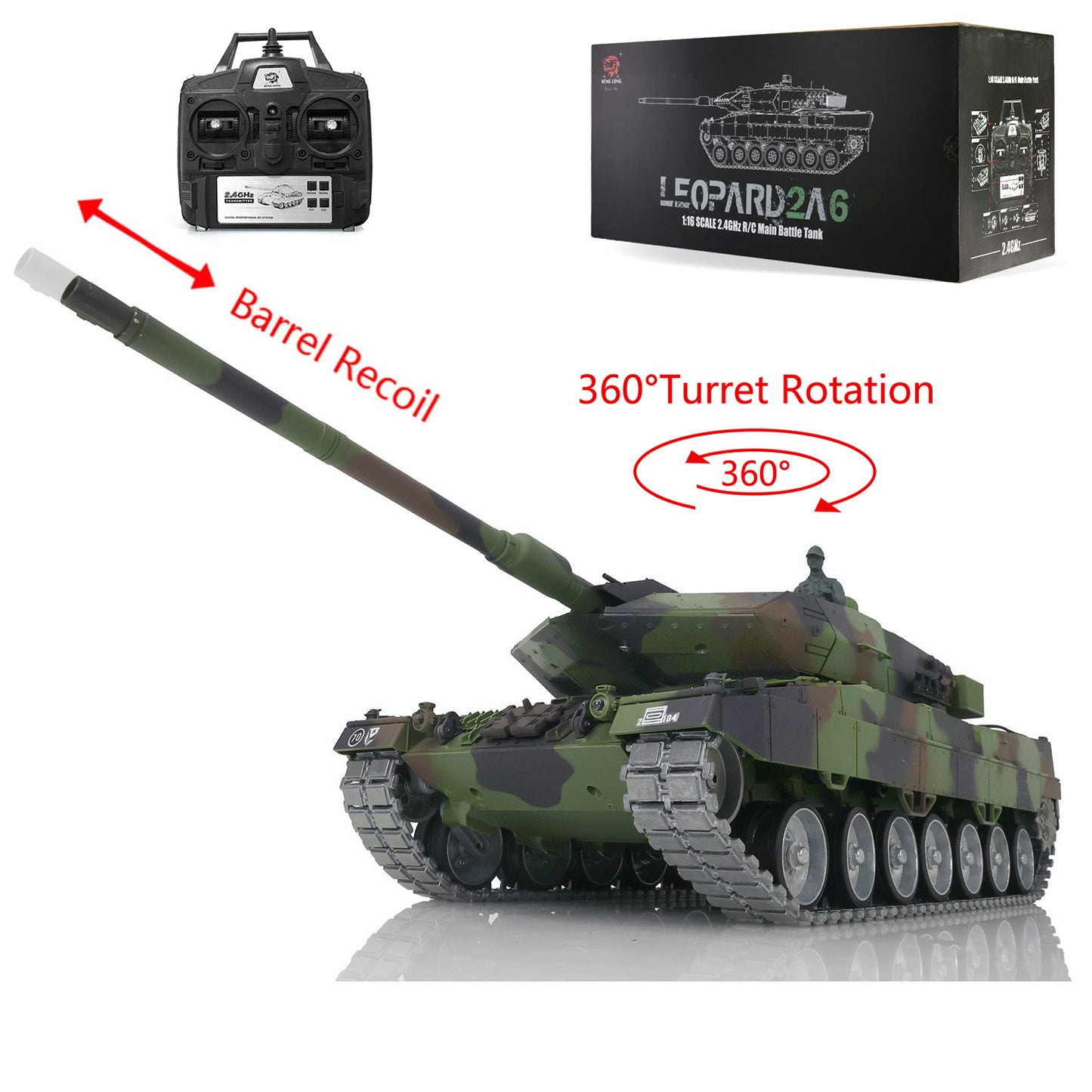 Henglong 1/16 7.0 Leopard2A6 RTR RC Tank Remote Control Military Model 3889 IR BB Smoke Barrel Recoil 360 Degree Turret Metal Tracks Wheels Gearbox