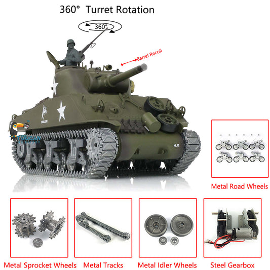 Henglong 1/16 TK7.0 Customized 3898 USA M4A3 Sherman RTR RC Tank with Barrel Recoil 360 Degrees Turret Infrared Combat Smoke BB Metal Tracks Road Idler Drive Wheels
