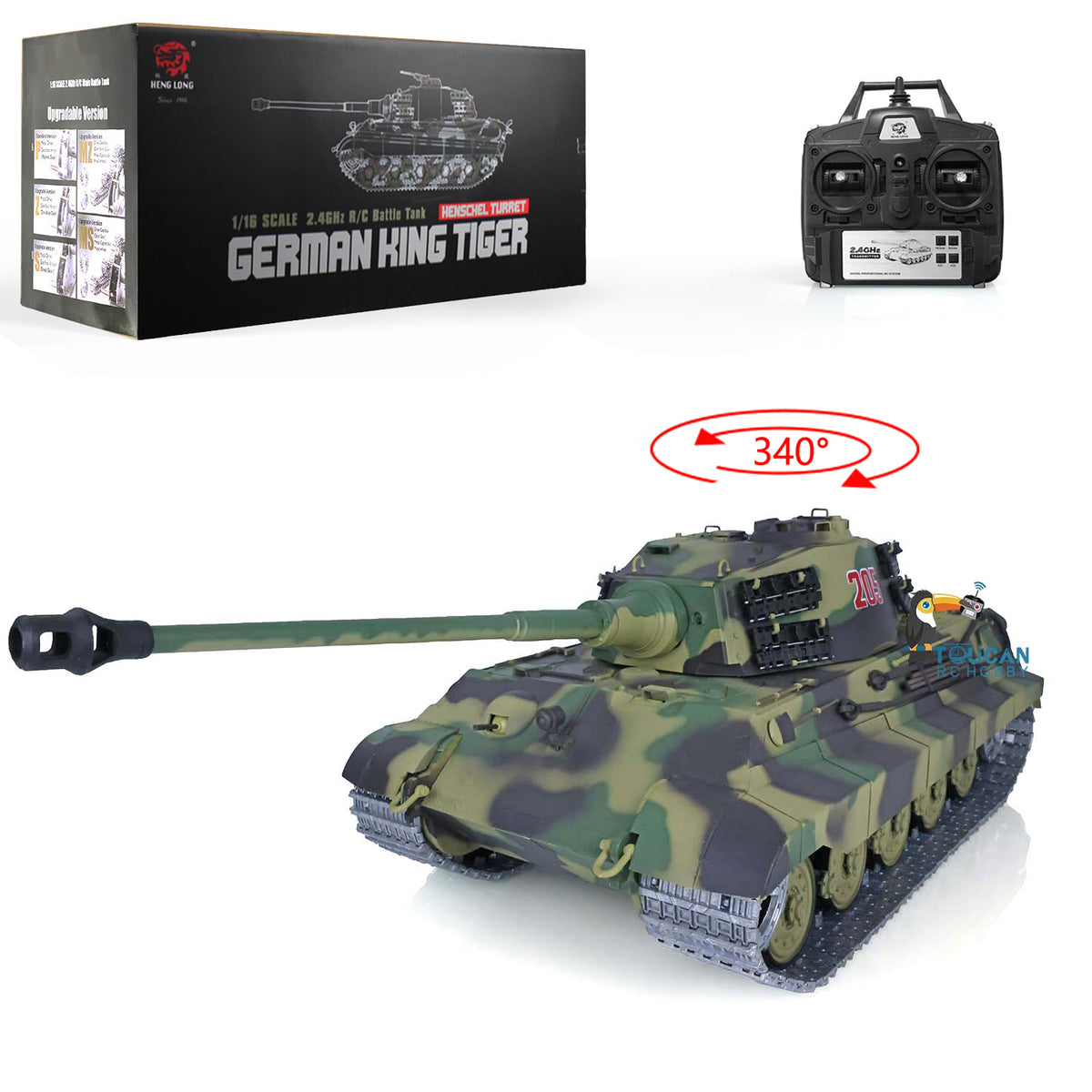 Henglong 1/16 7.0 Upgraded King Tiger 3888A RTR RC Tank with Metal Barrel Tracks Drive Idler Wheels Gearbox