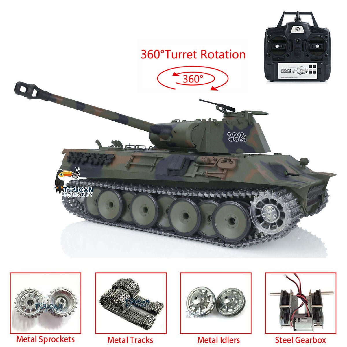 Henglong 1/16 TK7.0 Promotion 3819 German Panther V RTR RC Tank IR BB 360 Degrees Turret Smoke Metal Tracks Sprockets Idlers Wheels Gearbox