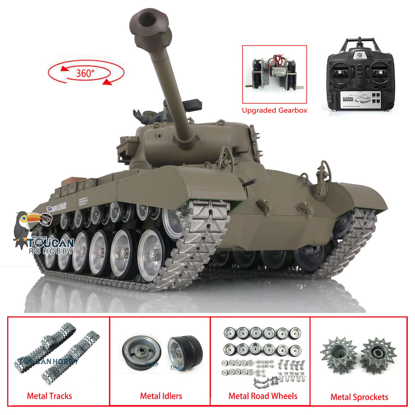 2.4G Henglong 1/16 Snow 7.0 Customized M26 RTR RC Tank 3838 Metal Tracks Road Driving Wheels 360 Degree Turret Rotation BB Unit