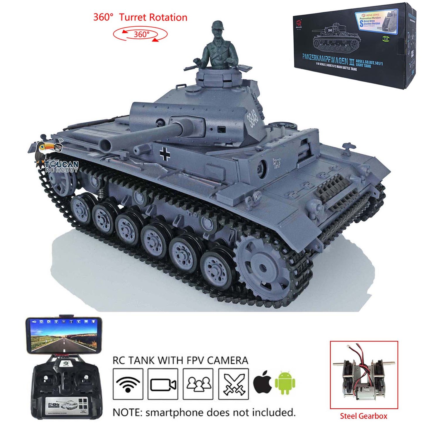 Henglong 1/16 7.0 Plastic Panzer III H/Panzer III L FPV RC Tank 3849 Gearbox 360 Degree Turret Rotation Infrared Combating System