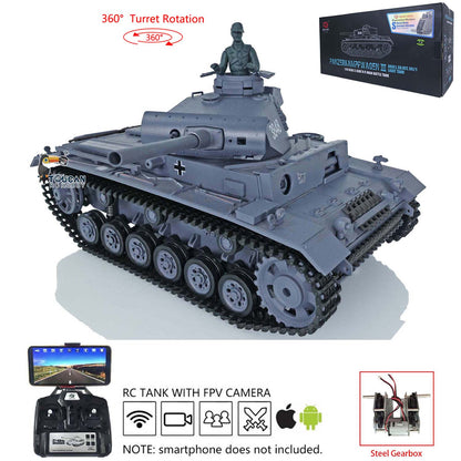 Henglong 1/16 7.0 Plastic Panzer III H/Panzer III L FPV RC Tank 3849 Gearbox 360 Degree Turret Rotation Infrared Combating System