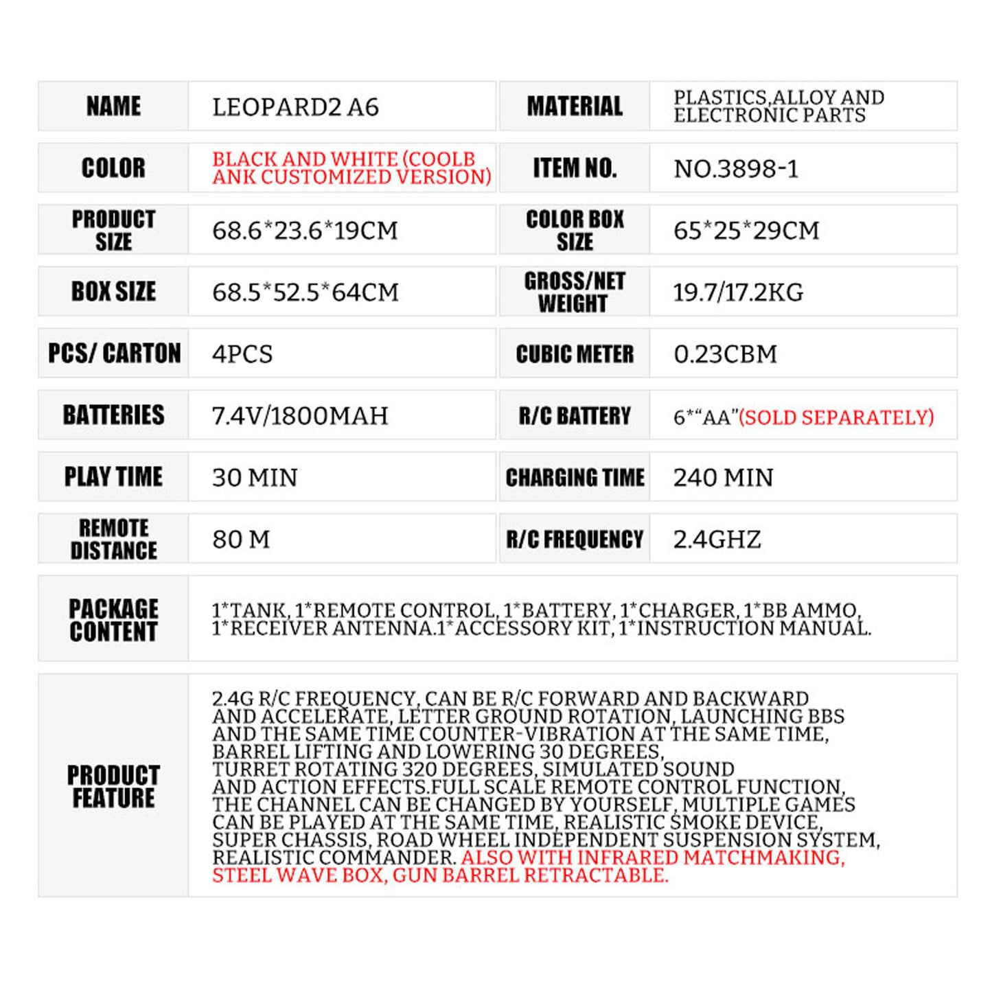 2.4G Henglong 1/16 7.0 Leopard2A6 RC Tank 3889 Metal Gearbox Suspension Bars BB IR Barrel Recoil Sound Smoking Light Battery