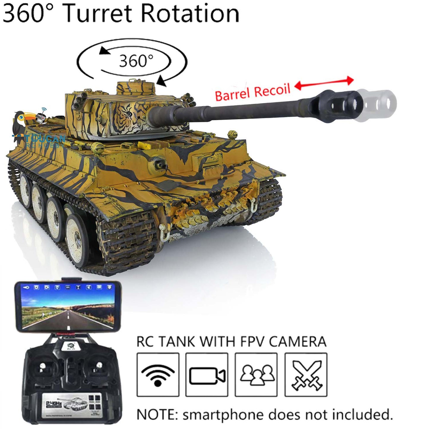 German Tiger I RC Tank 1/16 Heng Long Upgrade 7.0 FPV 3818 Metal Tracks Sprocket Wheels Barrel Recoil Manual Spray Tanks Infrared Combating System