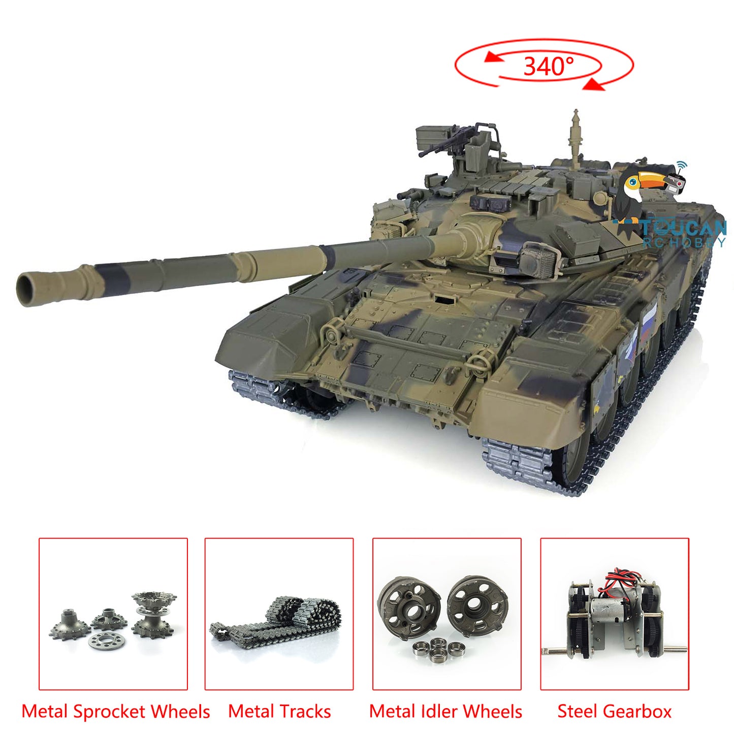 2.4G Henglong 1/16 7.0 Upgraded Metal Ver Russia T90 3938 RTR RC Tank Model BB IR 340 Degree Turret Smoke Metal Drive Idler Wheels