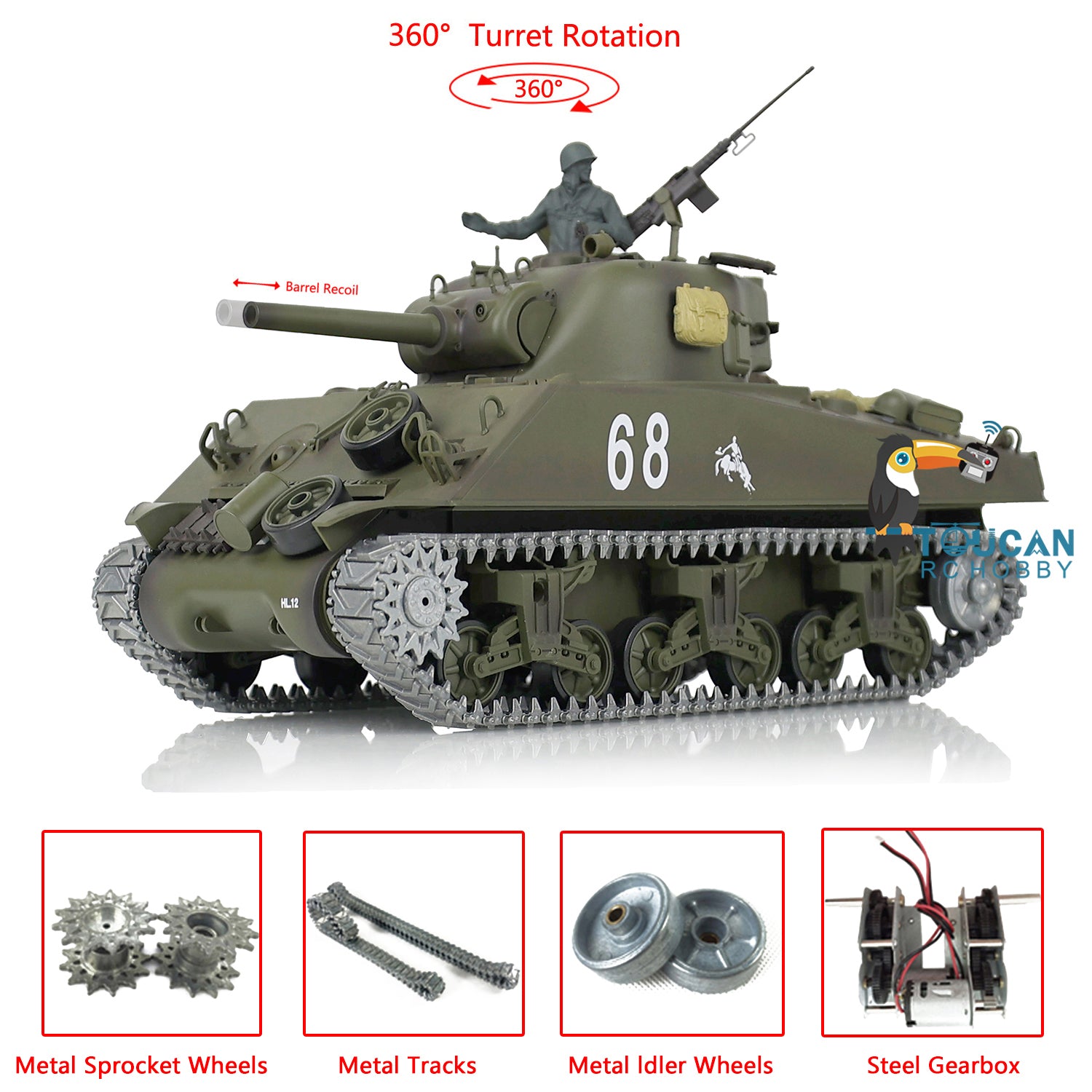 Henglong 1/16 TK7.0 3898 USA M4A3 Sherman RTR RC Tank with Metal Tracks Gearbox Drive Idler Wheels