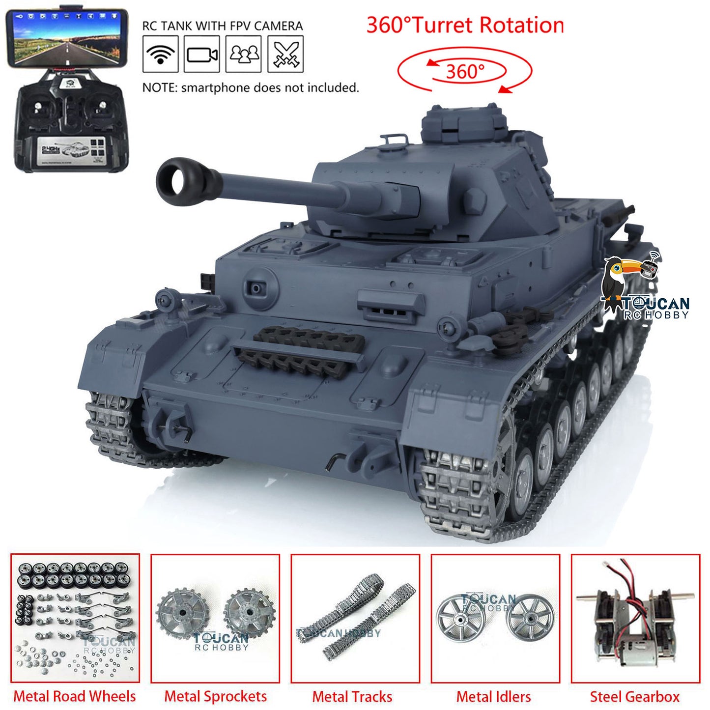 Henglong 1/16 7.0 FPV Customized Panzer IV F2/Panzer IV F RTR RC Tank 3859 Metal Track Driving Wheel 360 Degree Turret Rotation Infrared Combating System