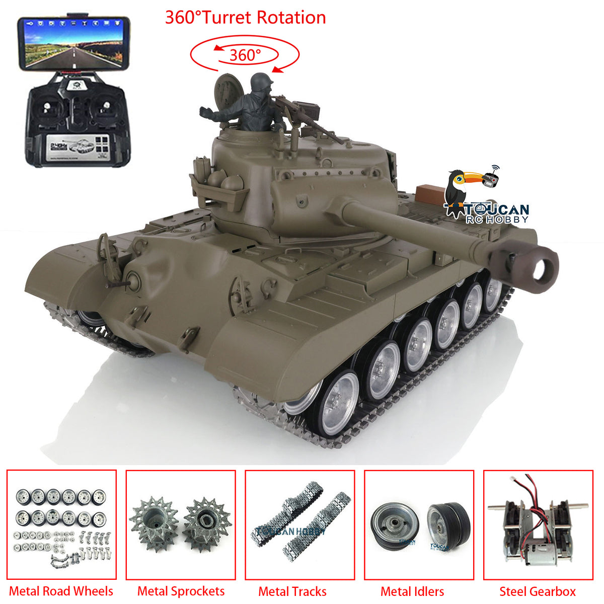 Henglong 1/16 TK7.0 Customized USA M26 Pershing 3838 RTR RC Tank with Metal Tracks Drive Road Idlers Wheels Gearbox