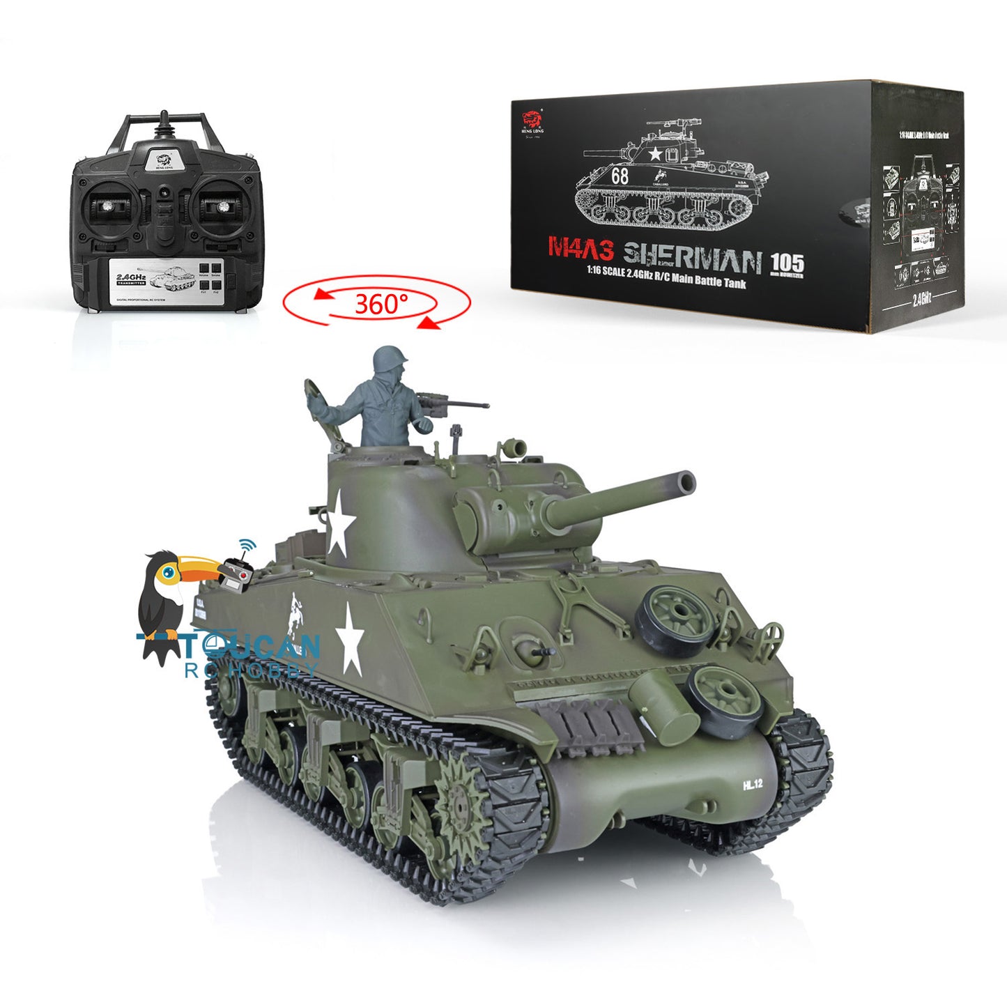 7.0 Henglong 1/16 Plastic RC Tank 3898 M4A3 Sherman Barrel Recoil Lifting Idle Smoke 360 Degree Turret Infrared Combat System BB Shooting Vehicle