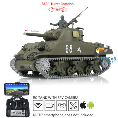 Henglong 1/16 7.0 RC Tank 3898 M4A3 Sherman Assembled With FPV 360 Degree Turret Barrel Recoil Metal Sprockets Idlers Tracks Military Vehicle