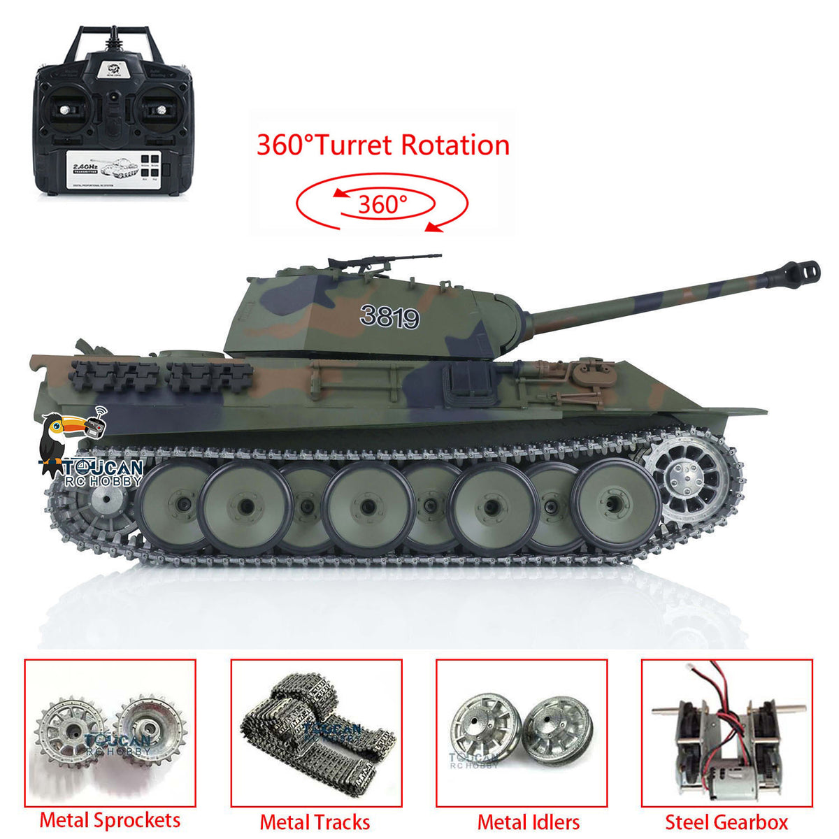 Henglong 1/16 TK7.0 Promotion 3819 German Panther V RTR RC Tank IR BB 360 Degrees Turret Smoke Metal Tracks Sprockets Idlers Wheels Gearbox
