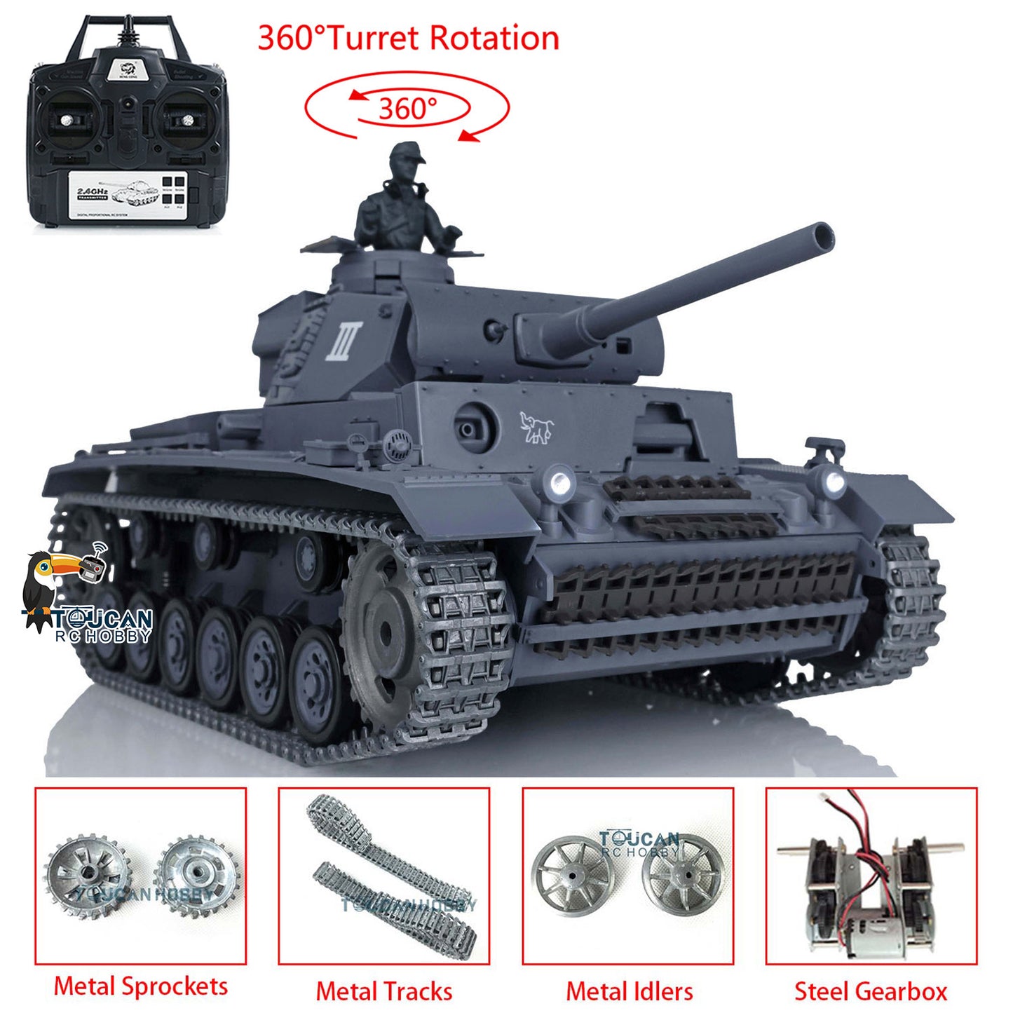 Henglong 1/16 7.0 RC Tank 3848 Upgraded Panzer III L Assembled Metal Tracks Sprocket Idlers Infrared Combat 360 Degree Turret Barrel Lifting Idle Smoke