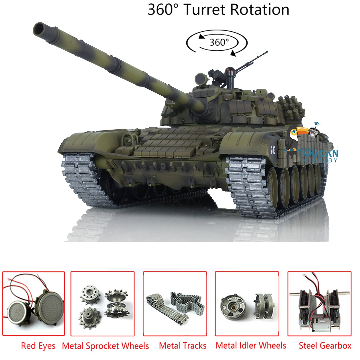 Henglong 1/16 TK7.0 Russia T72 RTR RC Tank 3939 with Red Eyes Armor 360 Degrees Turret BB IR Smoke Metal Tracks Gearbox Sprockets Idlers Wheels