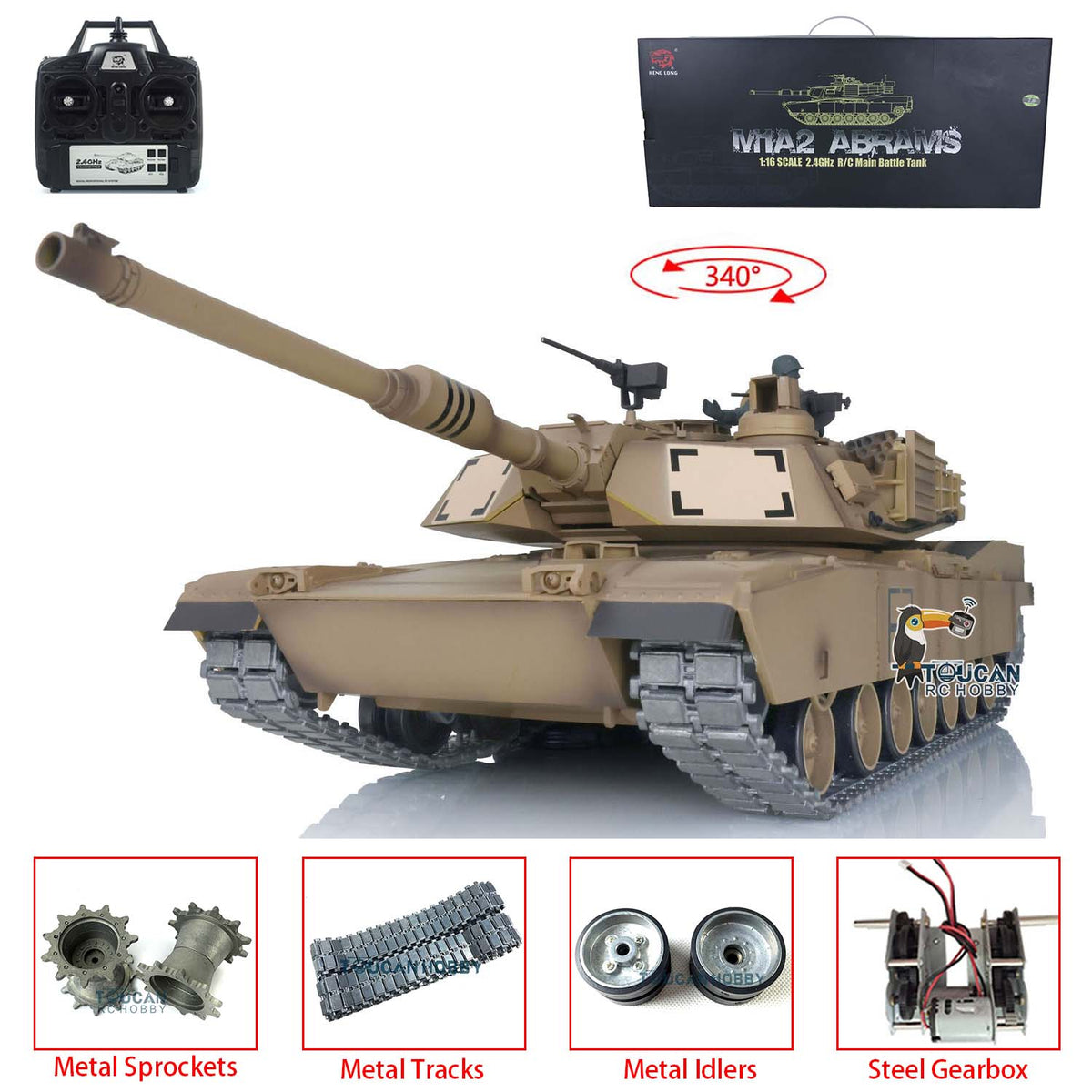 US Stock 2.4Ghz Henglong 1/16 TK7.0 Upgraded M1A2 Abrams RTR RC Tank Model 3918 340 Degrees Turret Metal Tracks Gearbox Barrel Idler Sprocket Wheels