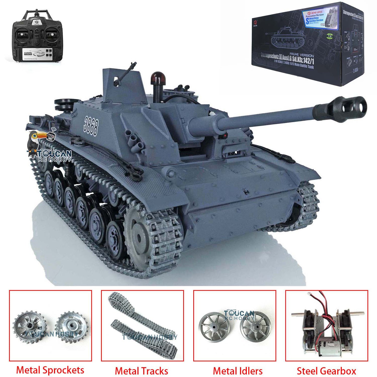 US Stock Henglong 1/16 7.0 3868 PRO German Stug III RTR RC Tank Smoke IR BB 340 Degrees Turret Sound Light Metal Tracks Drive Wheels Model
