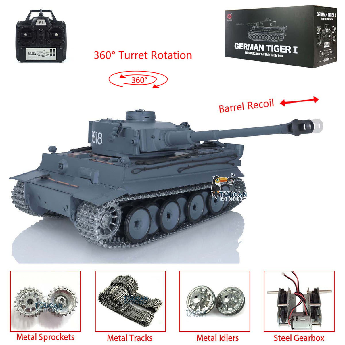 Henglong 1/16 Promotion TK7.0 German Tiger I RTR RC Tank 3818 Special Spray Painting with Barrel Recoil FPV IR BB Smoke