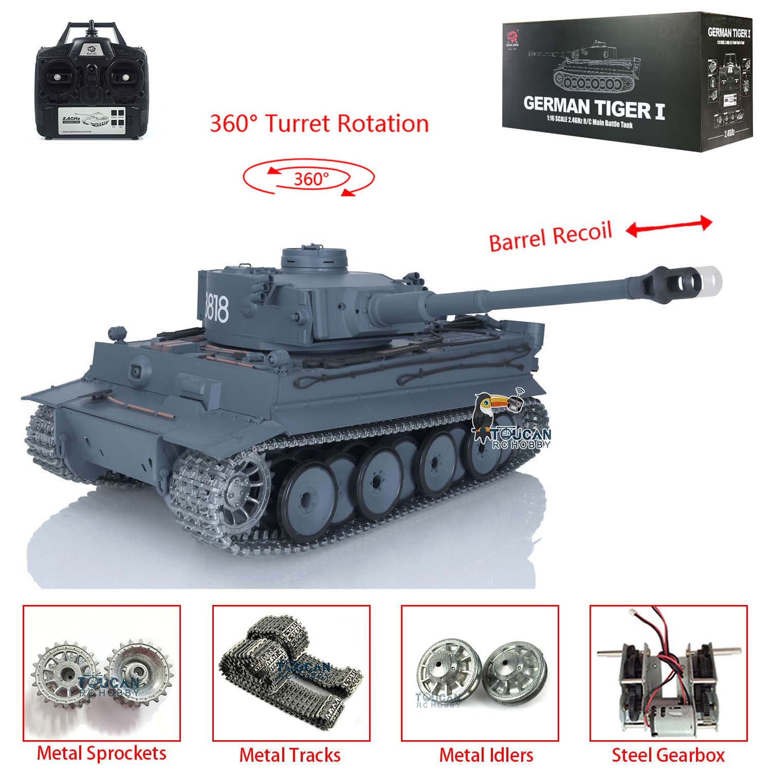 Henglong 1/16 Promotion TK7.0 German Tiger I RTR RC Tank 3818 Special Spray Painting with Barrel Recoil FPV IR BB Smoke