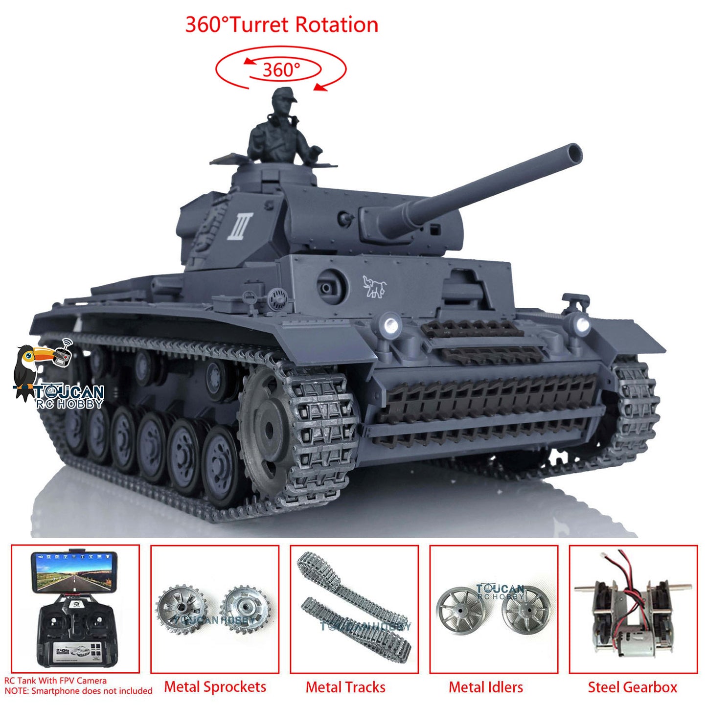 Henglong 1/16 Scale 7.0 Upgraded Panzer III L 3848 RTR RC Tank FPV 360 Degree Turret IR BB Smoke Metal Barrel Idler Drive Wheels Tracks Gearbox